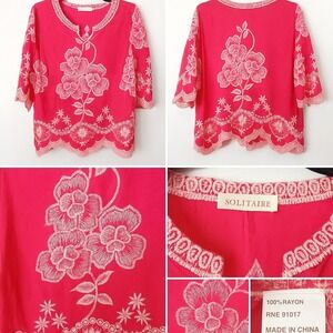 Solitaire Floral Embroidered Top Shirt Women L‎ Scalloped Hem Coral Boho Peasant